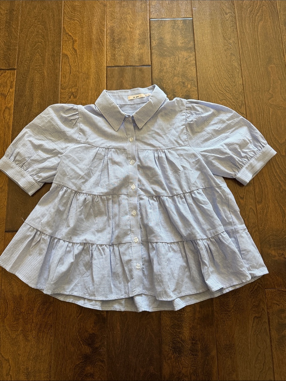 Mi Ami Blue Gingham Tiered Button-Down Blouse